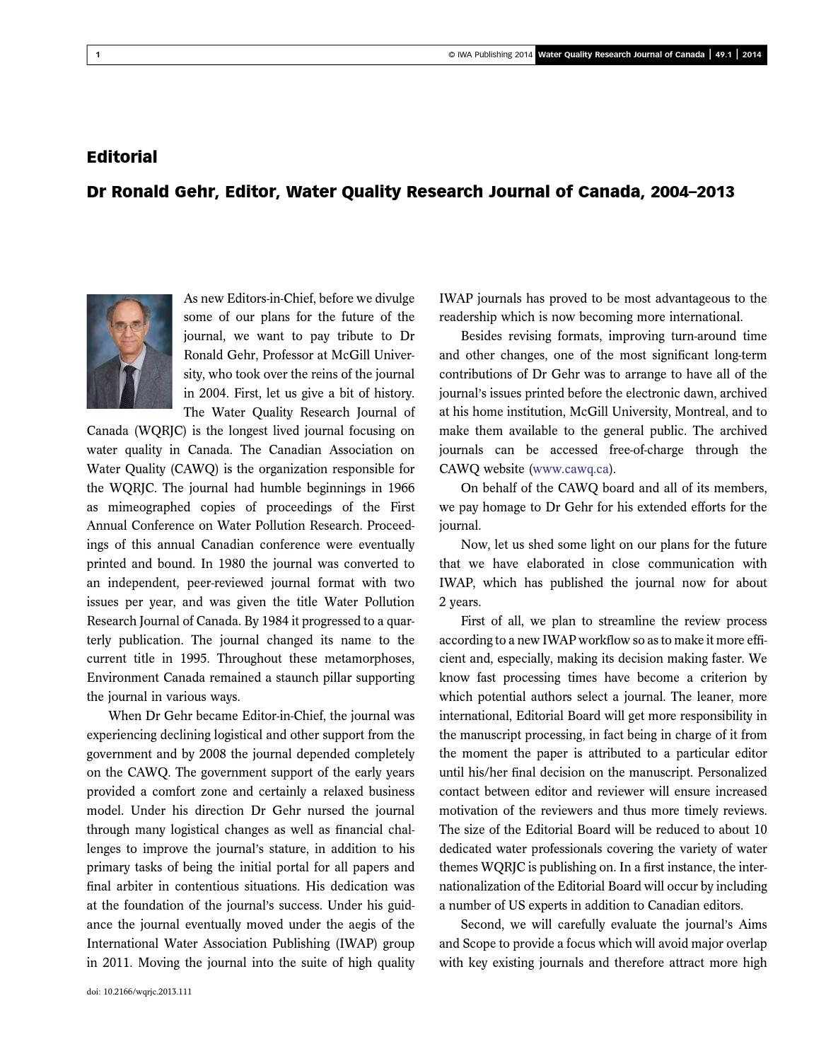Water Quality Research Journal of Canada sample issue by IWA Publishing