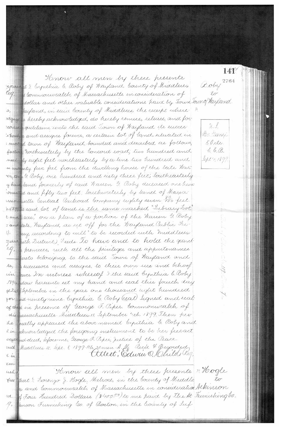Deed of roby to wayland 9 4 1899 bk1411 pg2764 by Wayland Surface Water