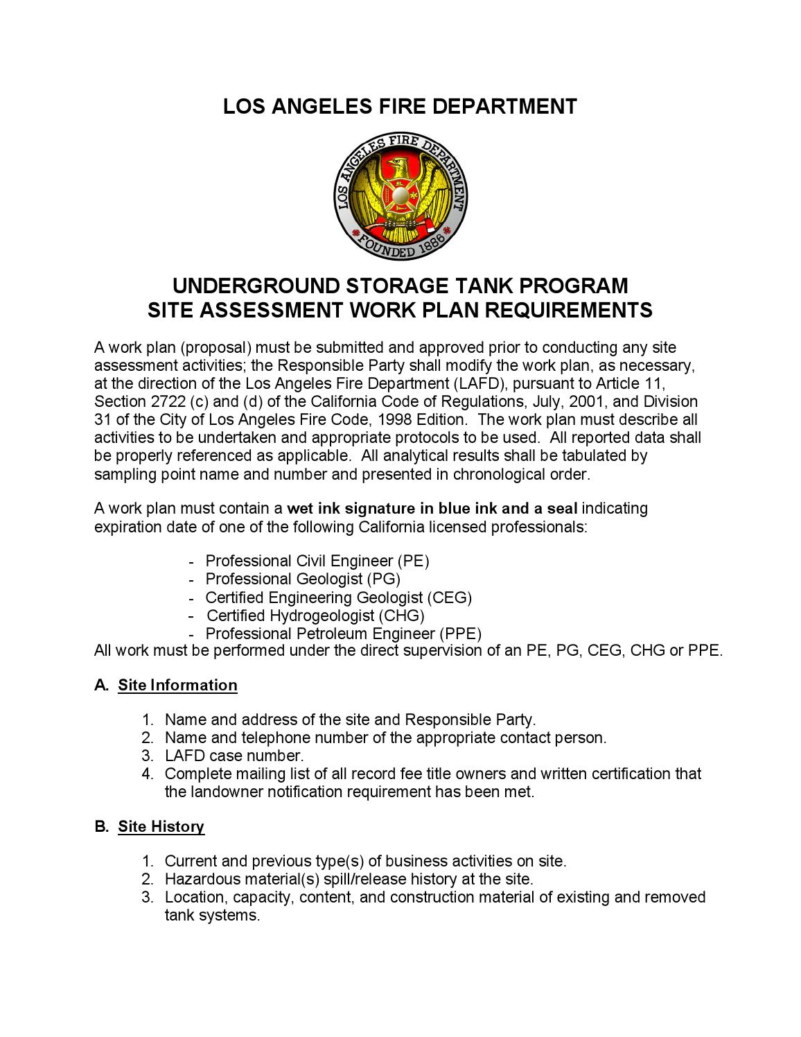 UST Site Assessment Workplan Requirements by Los Angeles Fire