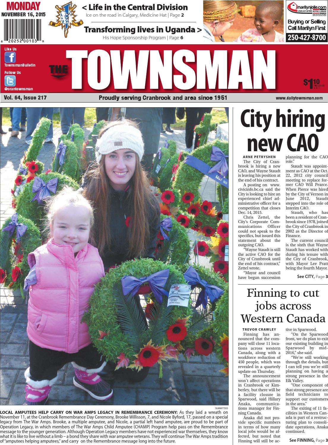 Cranbrook daily townsman november 16 2015 by black press media group