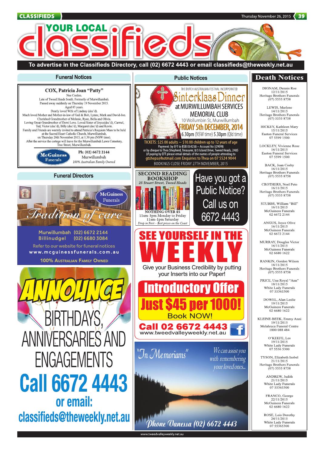 Weekly Classifieds 26 Nov 2015 by Tweed Valley Weekly Issuu