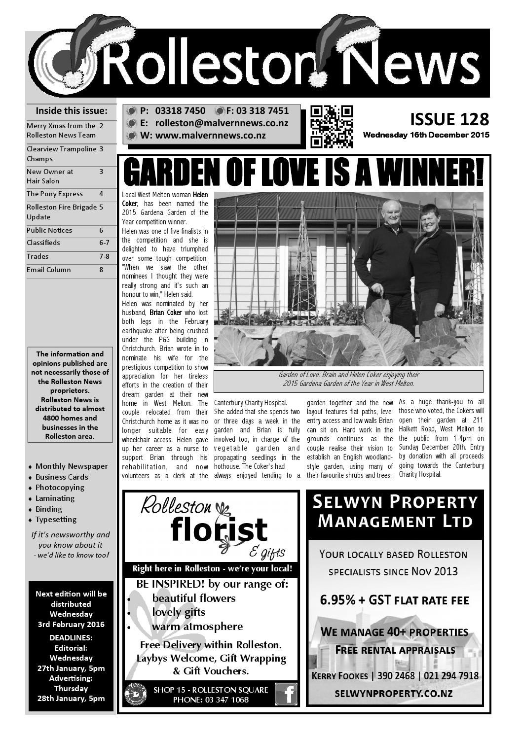 Rolleston News Issue 128 December 2015 by Malvern News Issuu