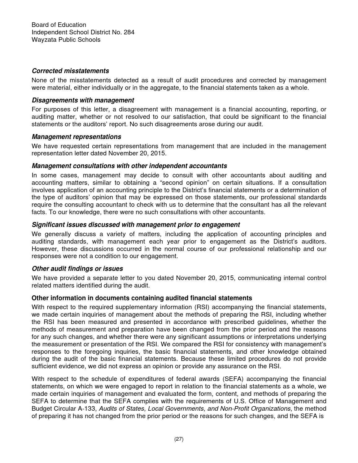 2015 Executive Audit Summary and Management Report by
