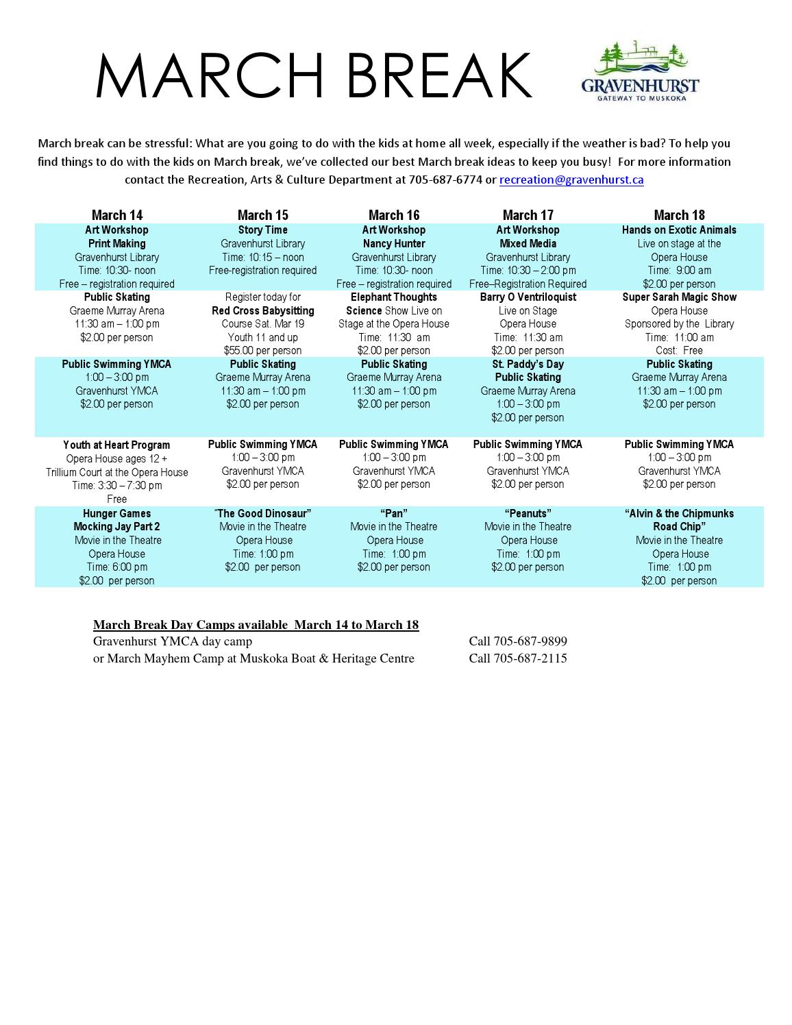 March Break Activities Town of Gravenhurst 2016 by Town of