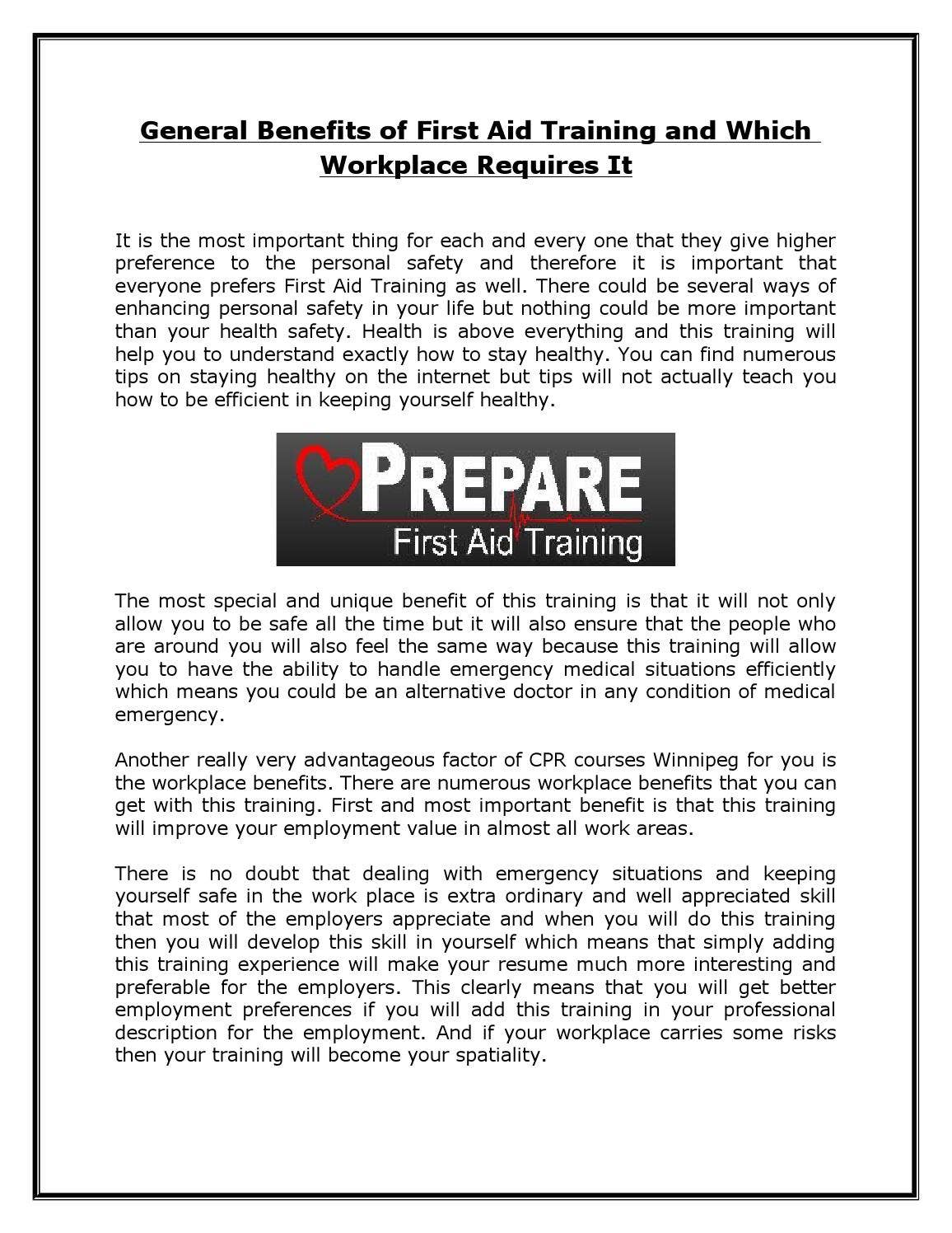 General benefits of first aid training and which workplace requires it ...