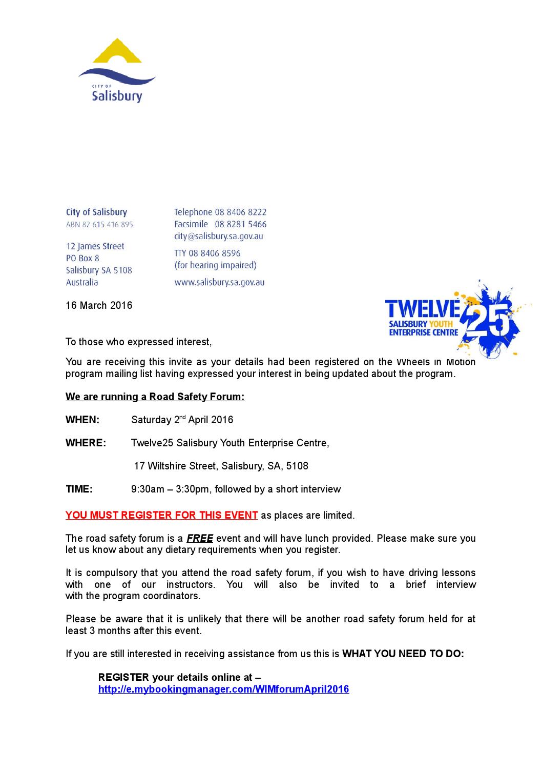 Wheels In Motion Forum invite for April 2016 by Twelve25 Salisbury