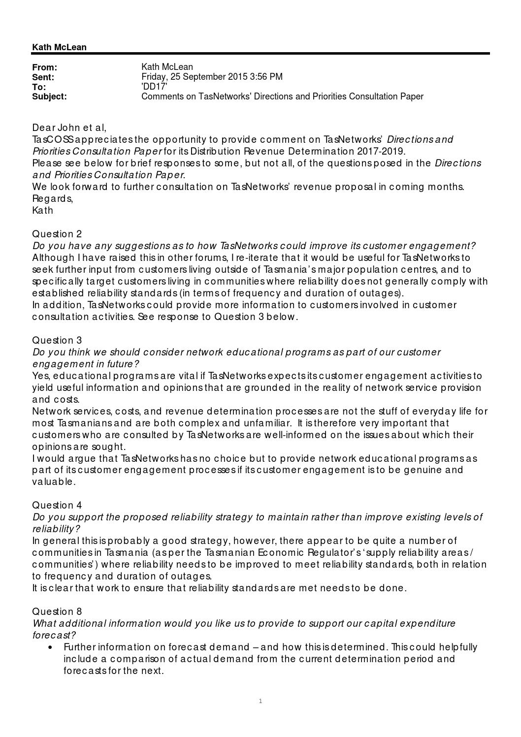 Directions and Priorities Consultation Paper TasCOSS