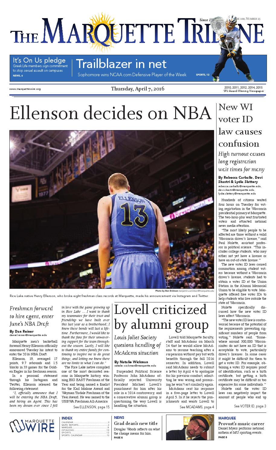 The Marquette Tribune Thursday, April 7, 2016 by Marquette Tribune