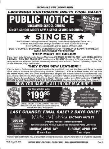 Lakewood Weekly Vol 19 Issue 16 By Issuu Say You Saw It In The Lakewood Weekly Customers Only Final Public Notice Unclaimed School Orders Singer Model Sew Serge Sewing