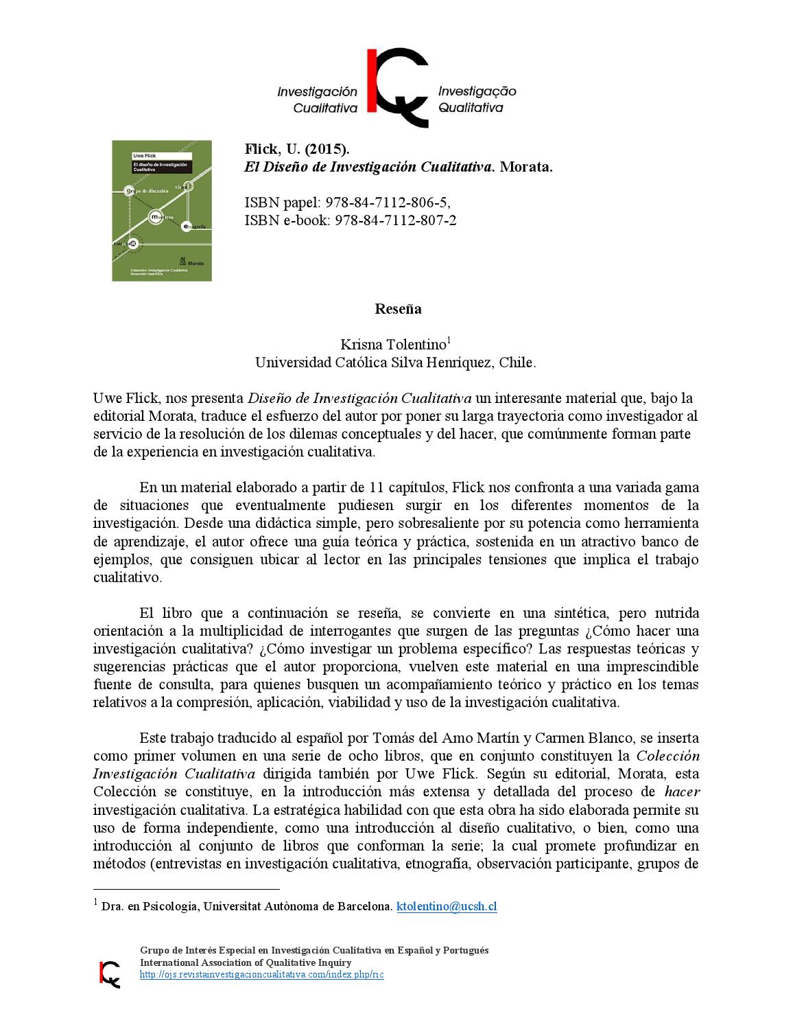 Reseña en Revista I. Cualtitativa de Flick, u (2015) el 