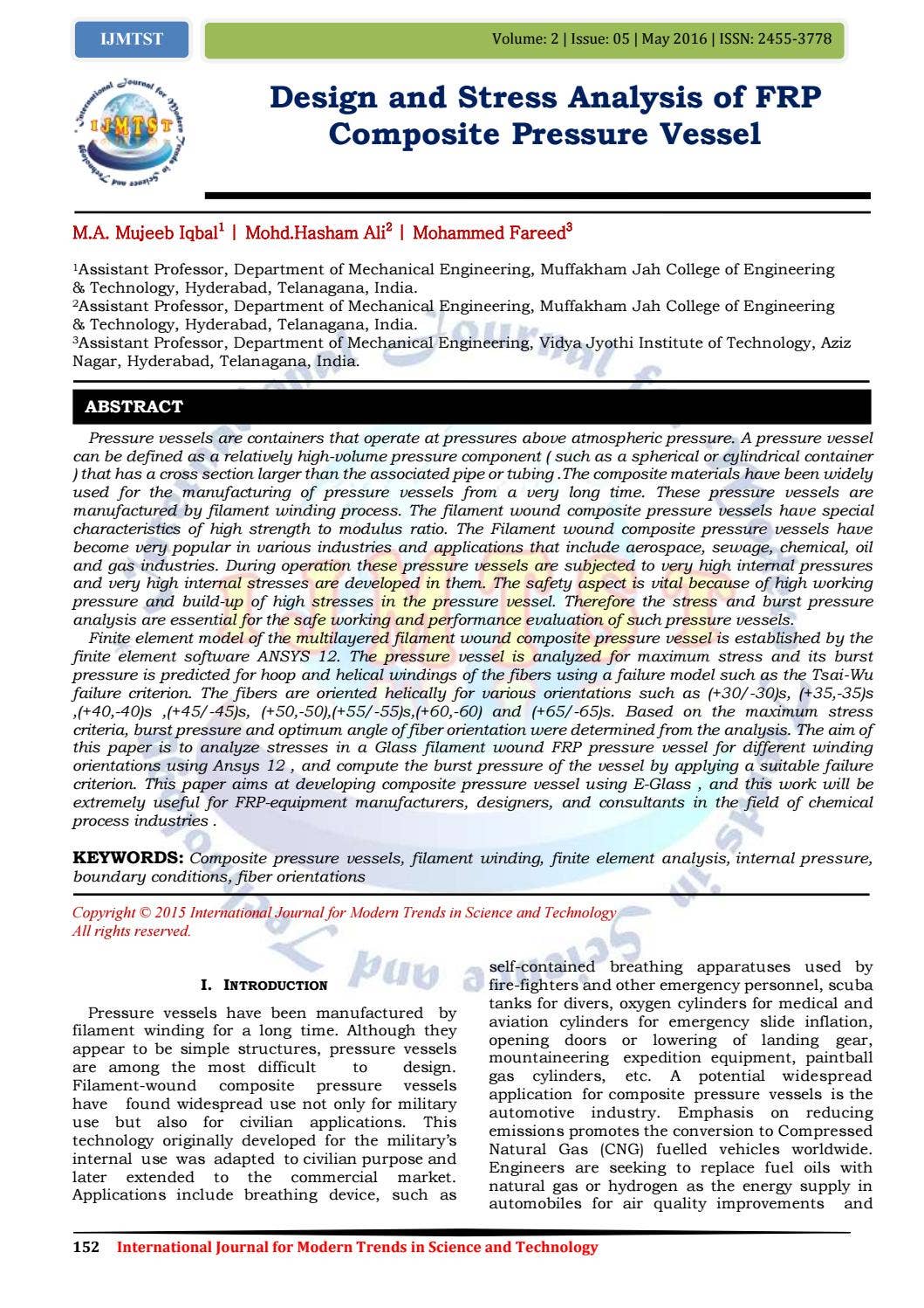Design and Stress Analysis of FRP Composite Pressure Vessel by IJMTST ...
