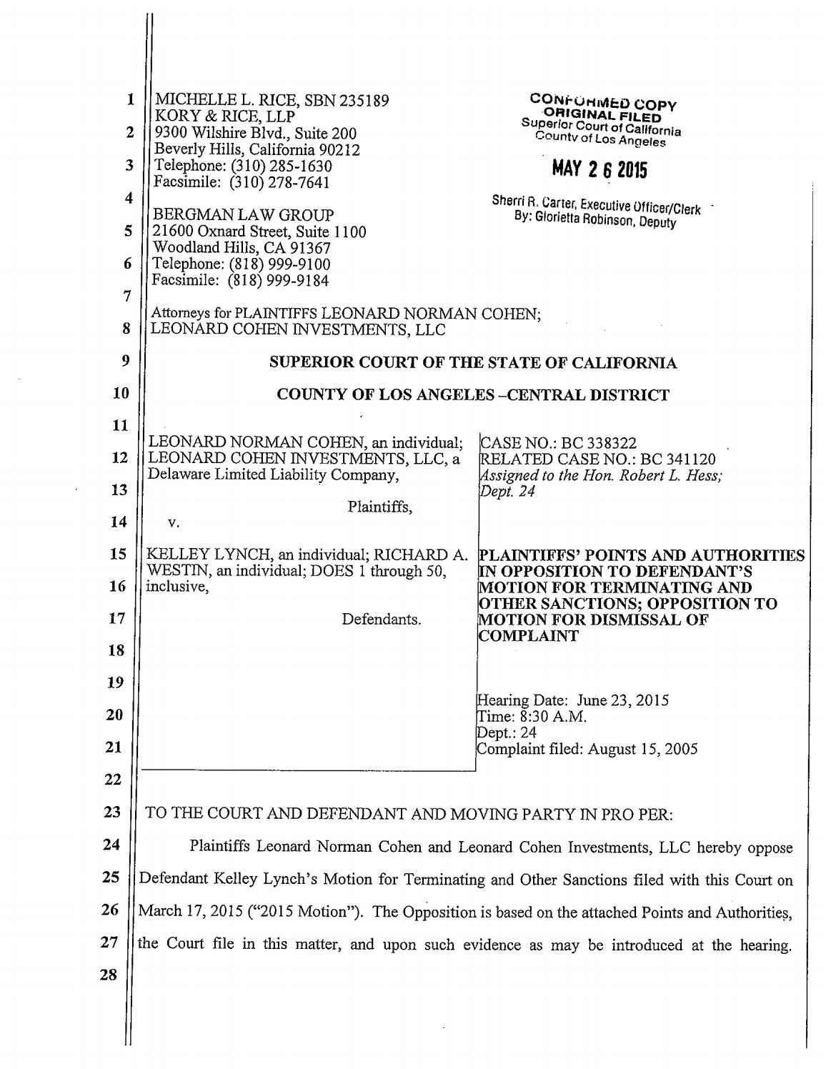 Cohen's Filed Opposition to Lynch's Motion For Terminating Sanctions
