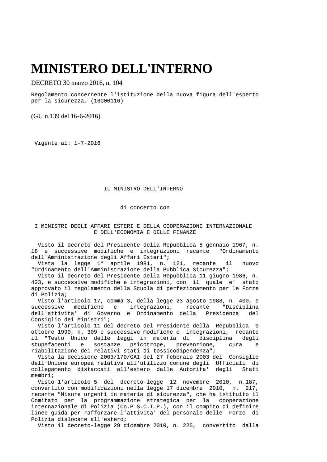 Regolamento concernente l'istituzione della nuova figura dell'esperto