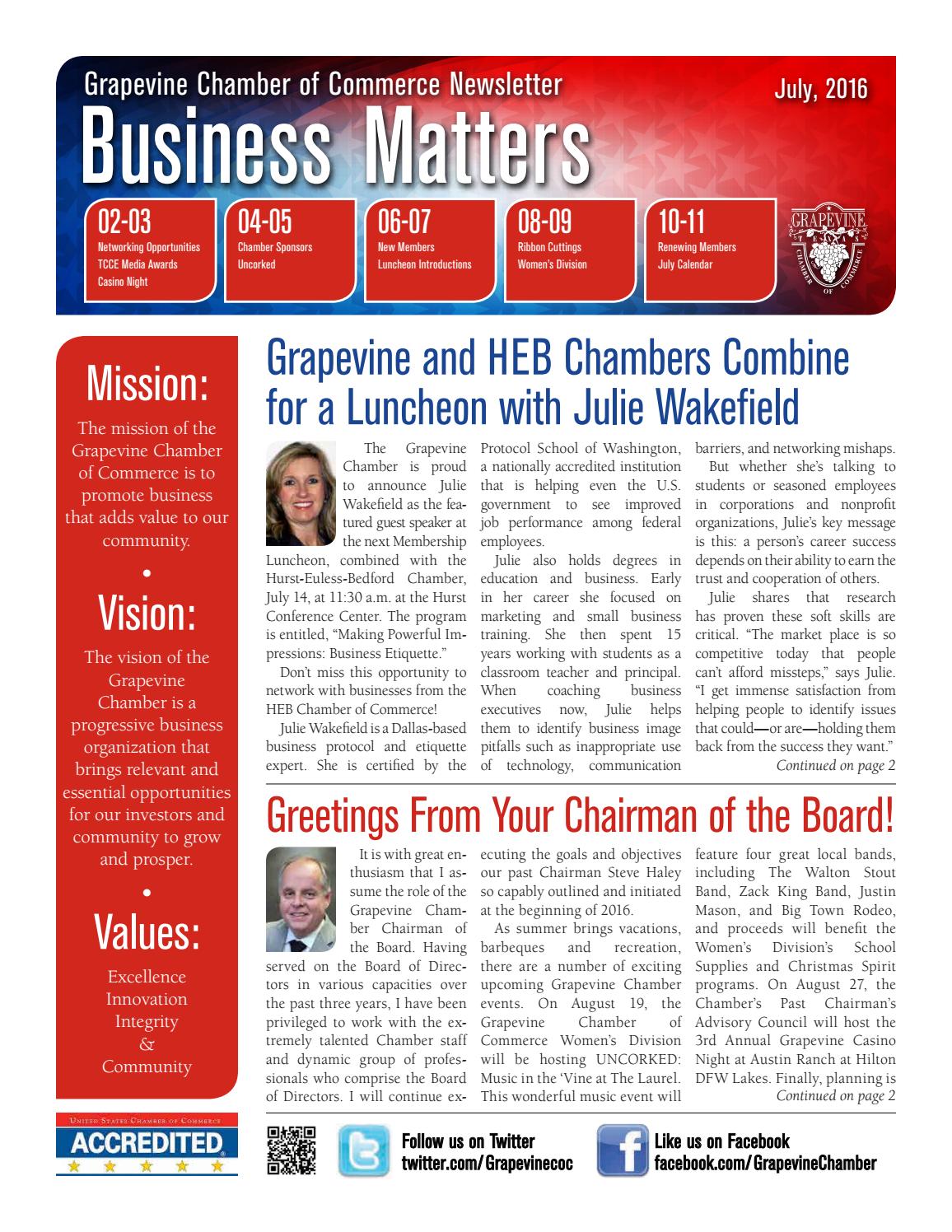 July 2016 Monthly Newsletter - Business Matters by Grapevine Chamber of  Commerce - Issuu
