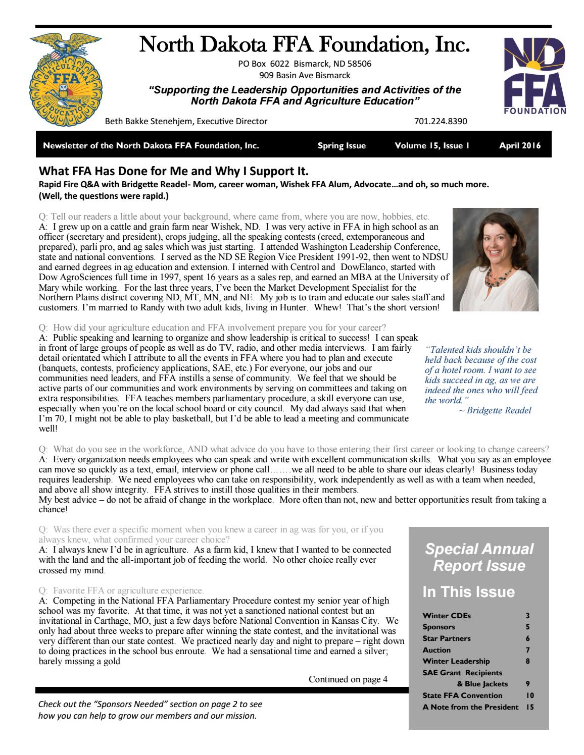 Nd Ffa Foundation Spring 2016 Newsletter By Nd Ffa Issuu