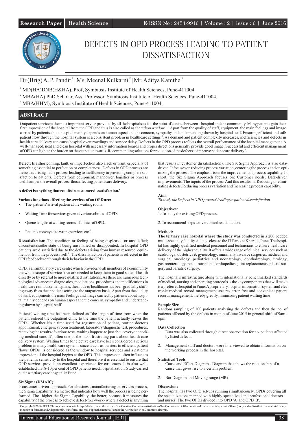 DEFECTS IN OPD PROCESS LEADING TO PATIENT DISSATISFACTION by