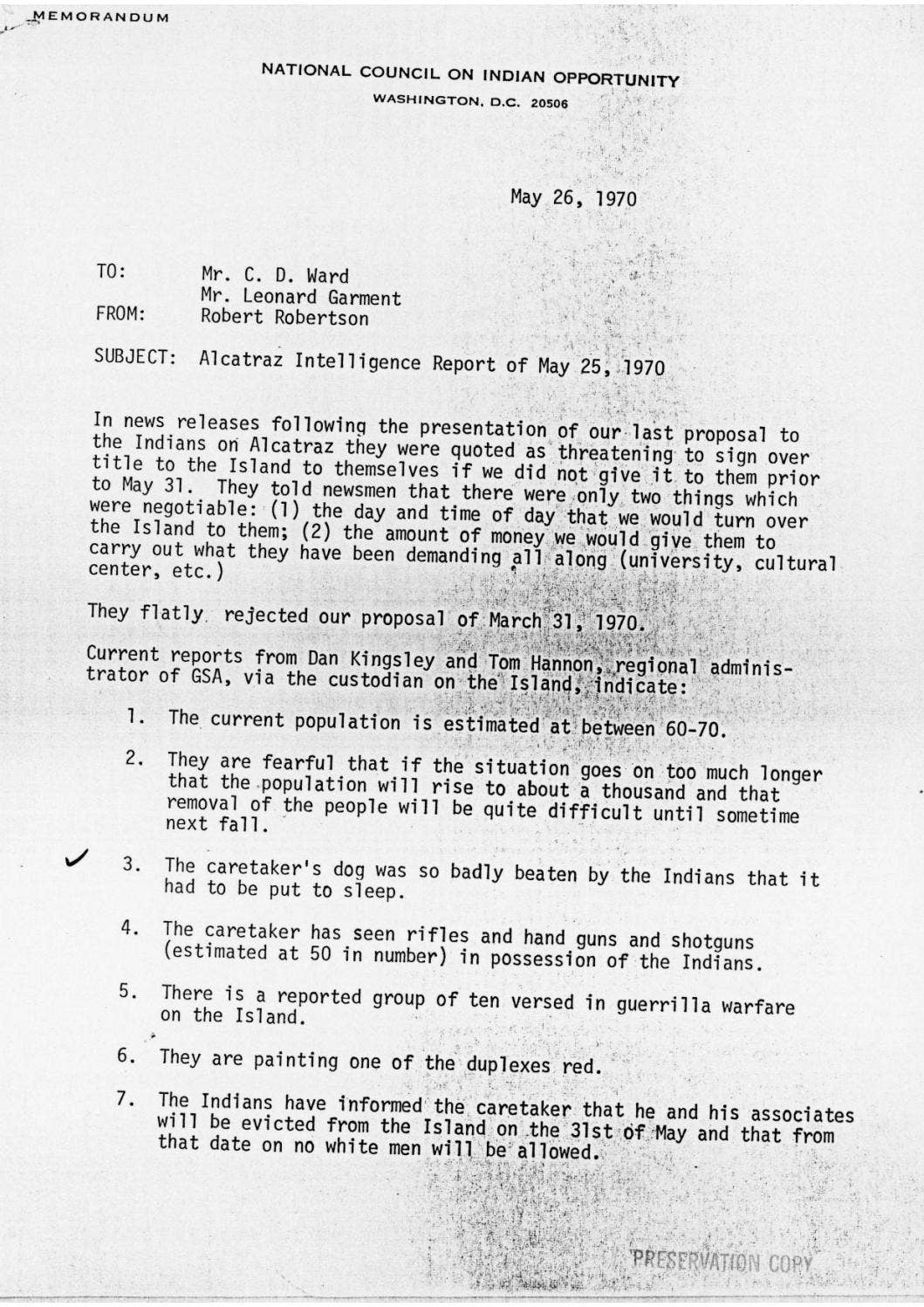 Alcatraz intelligence report on the conditions on the island by Nixon ...