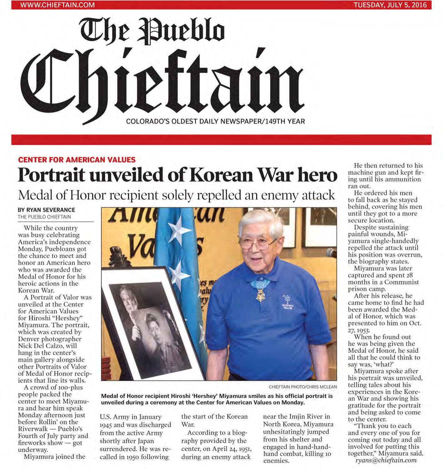 Portrait unveiled of korean war hero by Center for American Values Inc ...