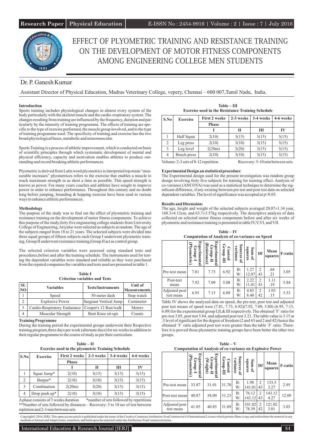 EFFECT OF PLYOMETRIC TRAINING AND RESISTANCE TRAINING ON THE ...