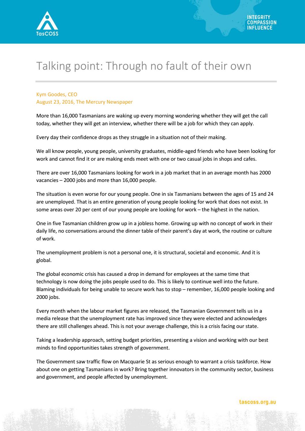 Talking point Through no fault of their own by Tasmanian Council of