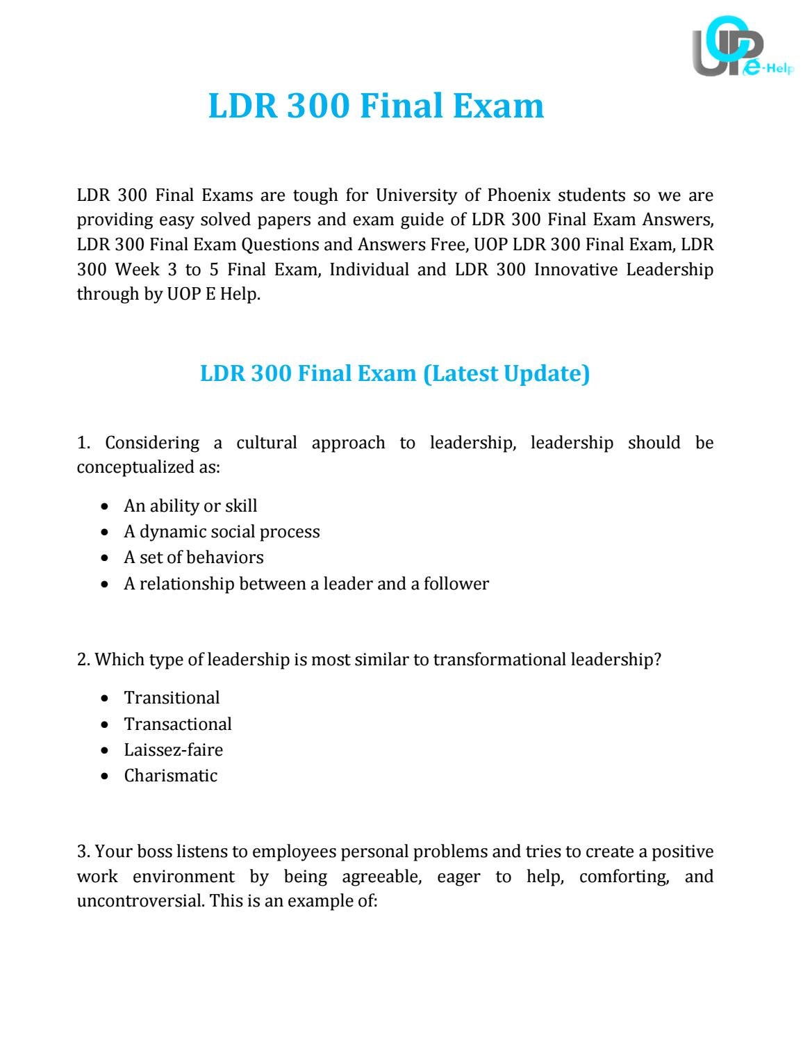 LDR 300 Final Exam Questions and Answers - UOP E Help by UOP E Help - Issuu