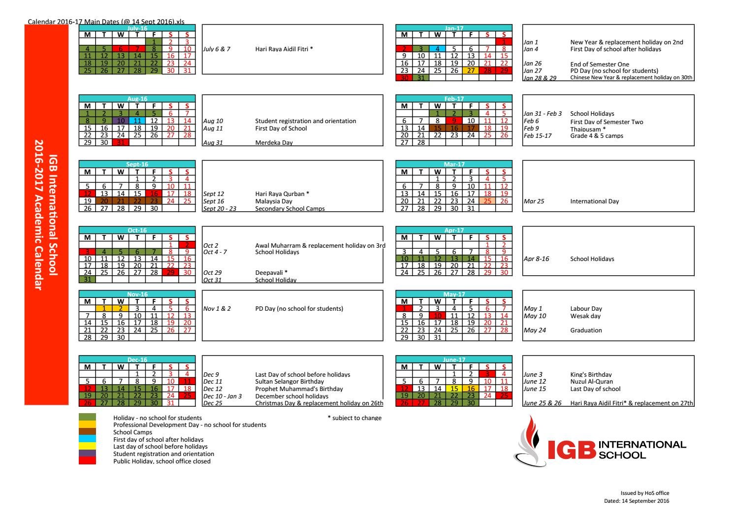 Calendar 2016 17 Main Dates ( Updated 14 Sept 2016 ) by IGB