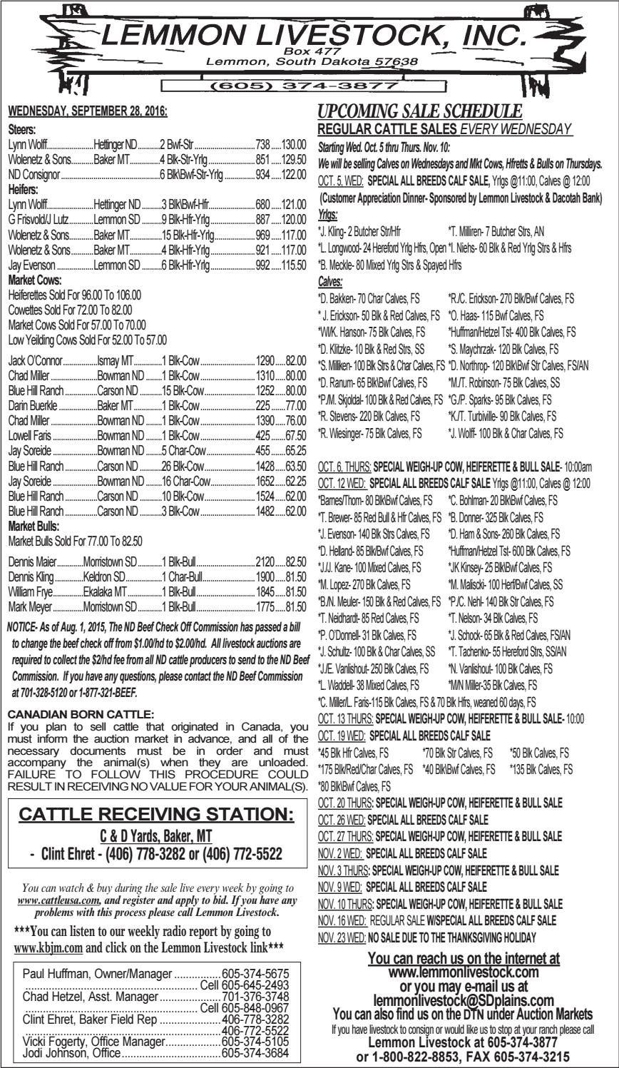 Lemmon Livestock Market Report 10.4.16 by TriState Livestock News