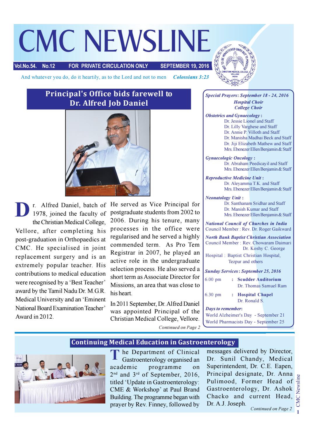 cmc newsline 19 sep 2016 vol no 54 no 12 by vellore cmc cmc doctors note