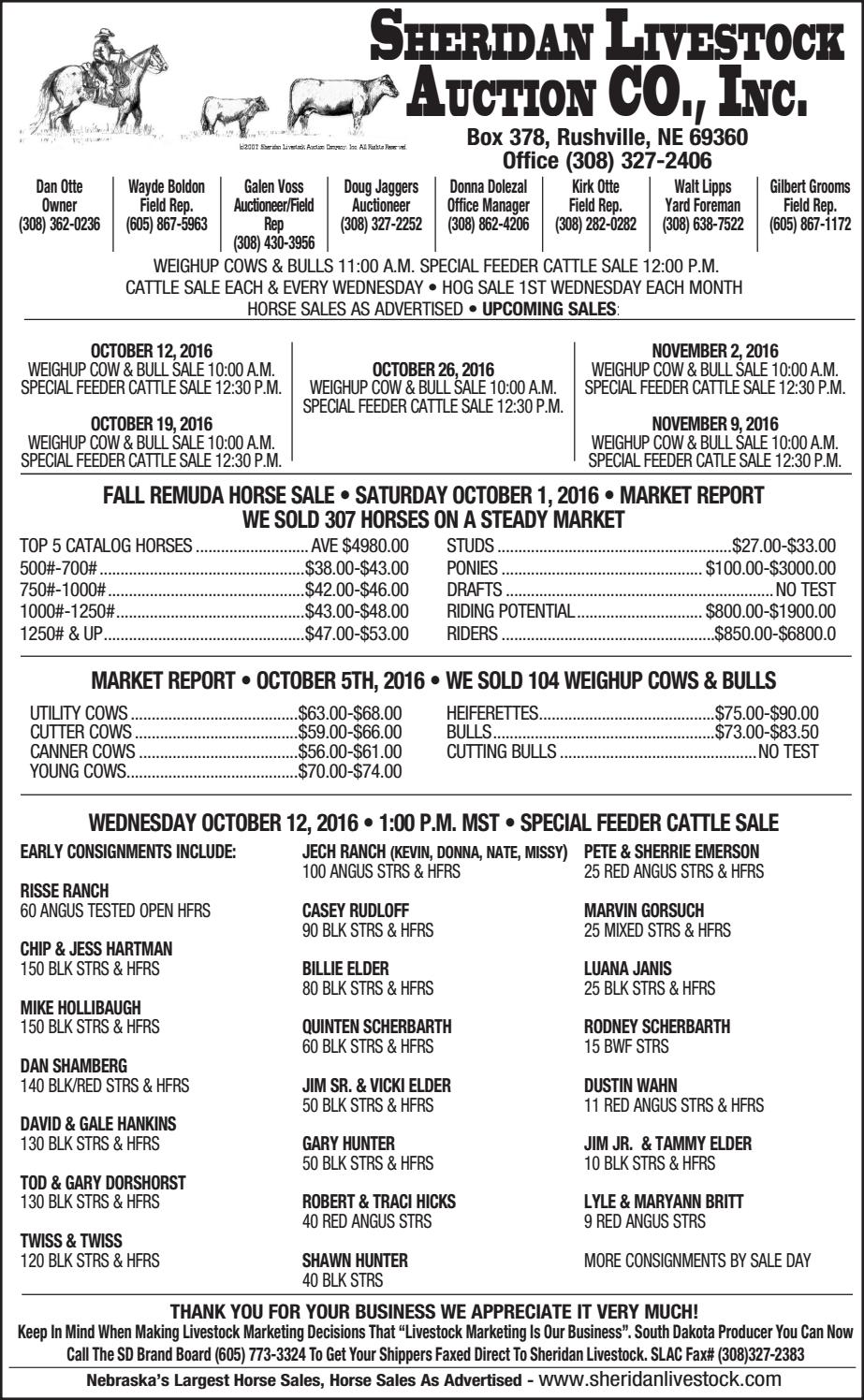 Sheridan Livestock Auction Co. Market Report 10.10.16 by TriState