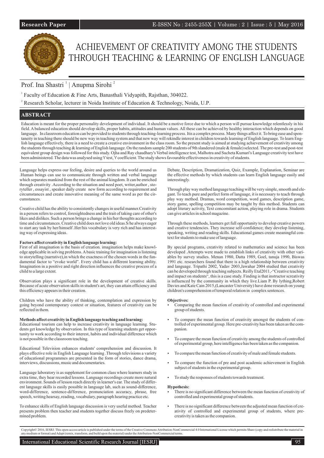 ACHIEVEMENT OF CREATIVITY AMONG THE STUDENTS THROUGH TEACHING