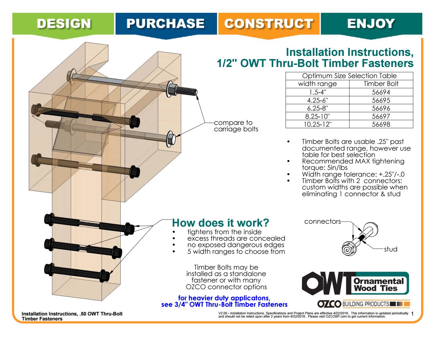 Installation Instructions OWT Timber Bolts 56649 52 By OZCO 