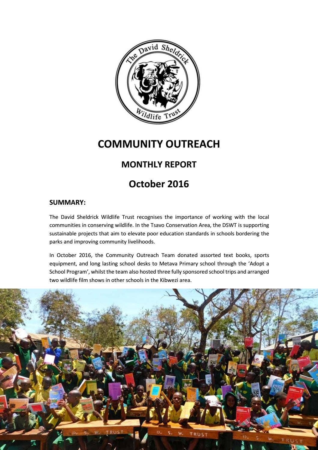 DSWT Community Outreach Report October 2016 by Sheldrick Wildlife Trust ...