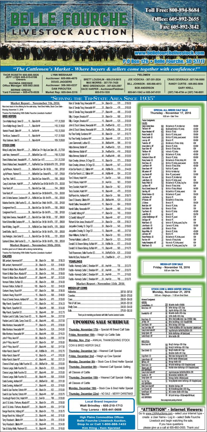 Belle Fourche Livestock Market Report 11.15.16 by TriState Livestock