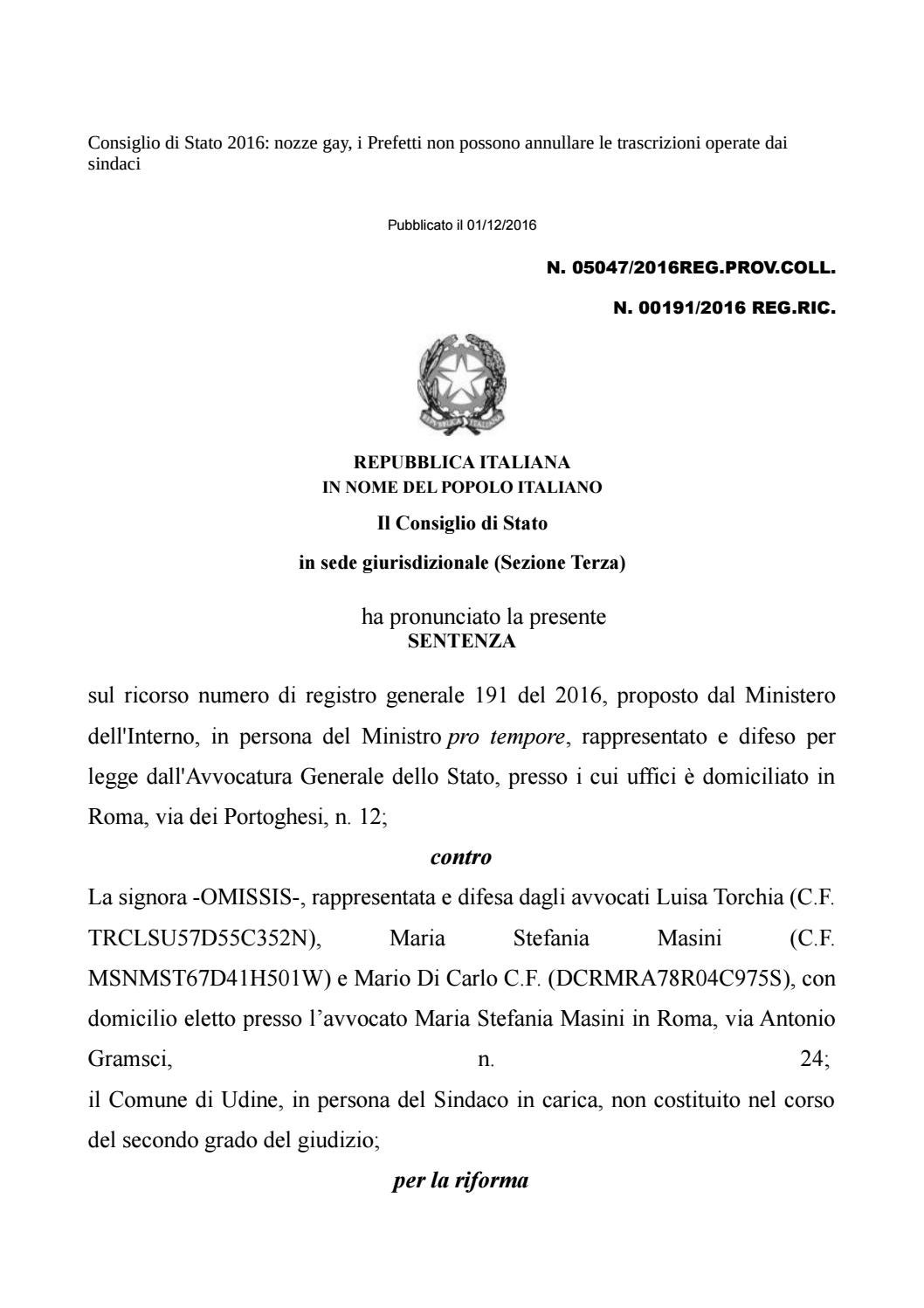 Consiglio di stato 2016 nozze gay, i prefetti non possono annullare le trascrizioni operate dai Consiglio di stato 2016 nozze gay, i prefetti non possono annullare le trascrizioni operate dai