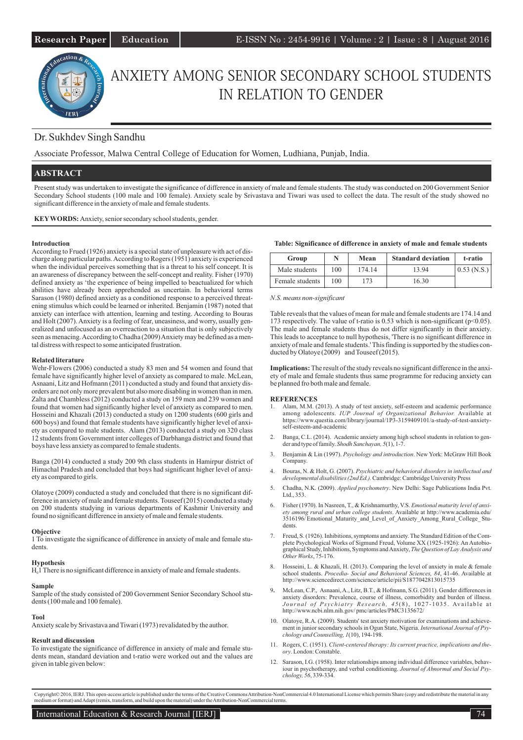 ANXIETY AMONG SENIOR SECONDARY SCHOOL STUDENTS IN RELATION TO GENDER by ...
