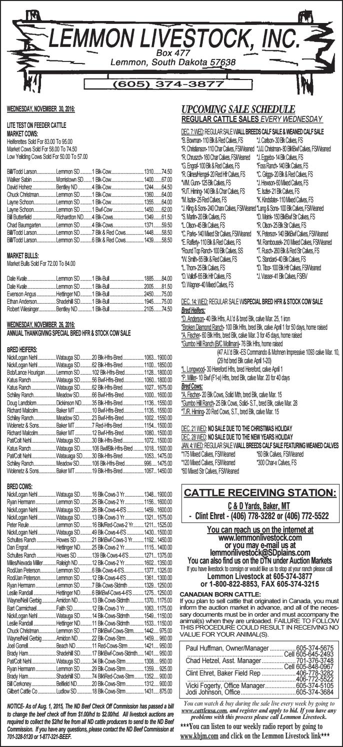 Lemmon Livestock Market Report 12.5.16 by TriState Livestock News