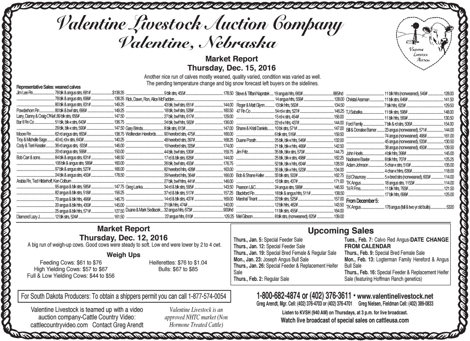 Valentine Livestock Auction Co. Market Report 12.19.16 by TriState