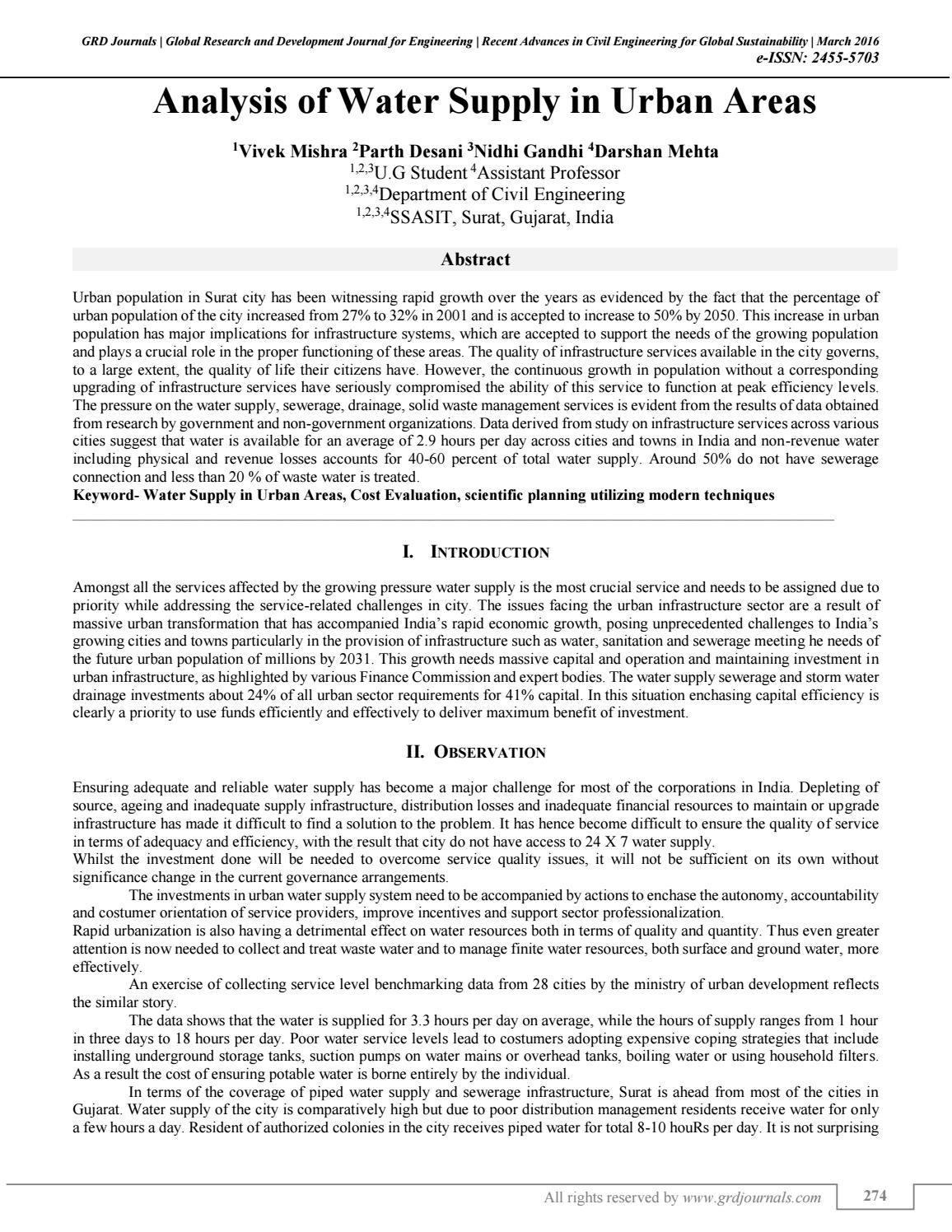 Analysis of Water Supply In Urban Areas by GRD Journals Issuu