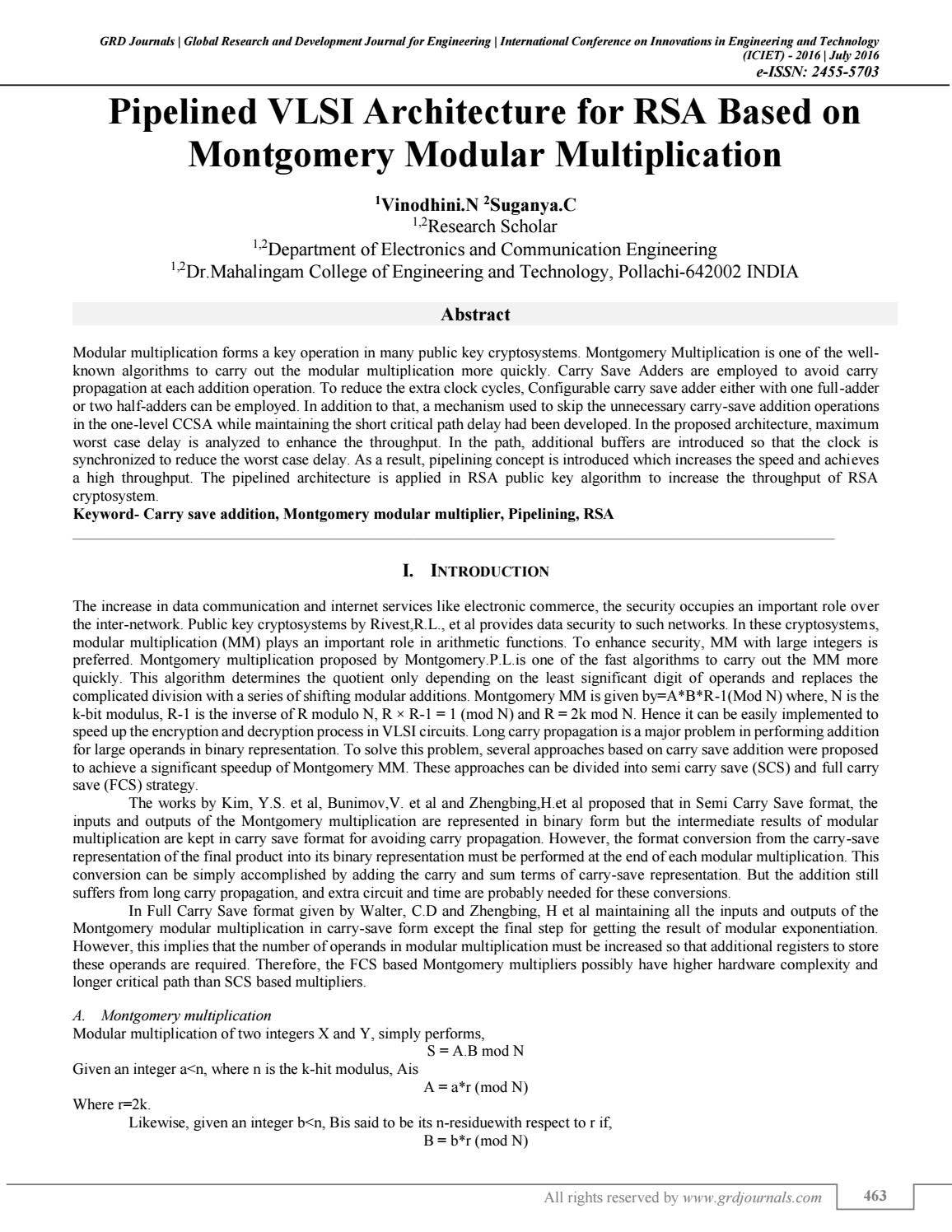 Pipelined VLSI Architecture for RSA Based on Montgomery Modular ...