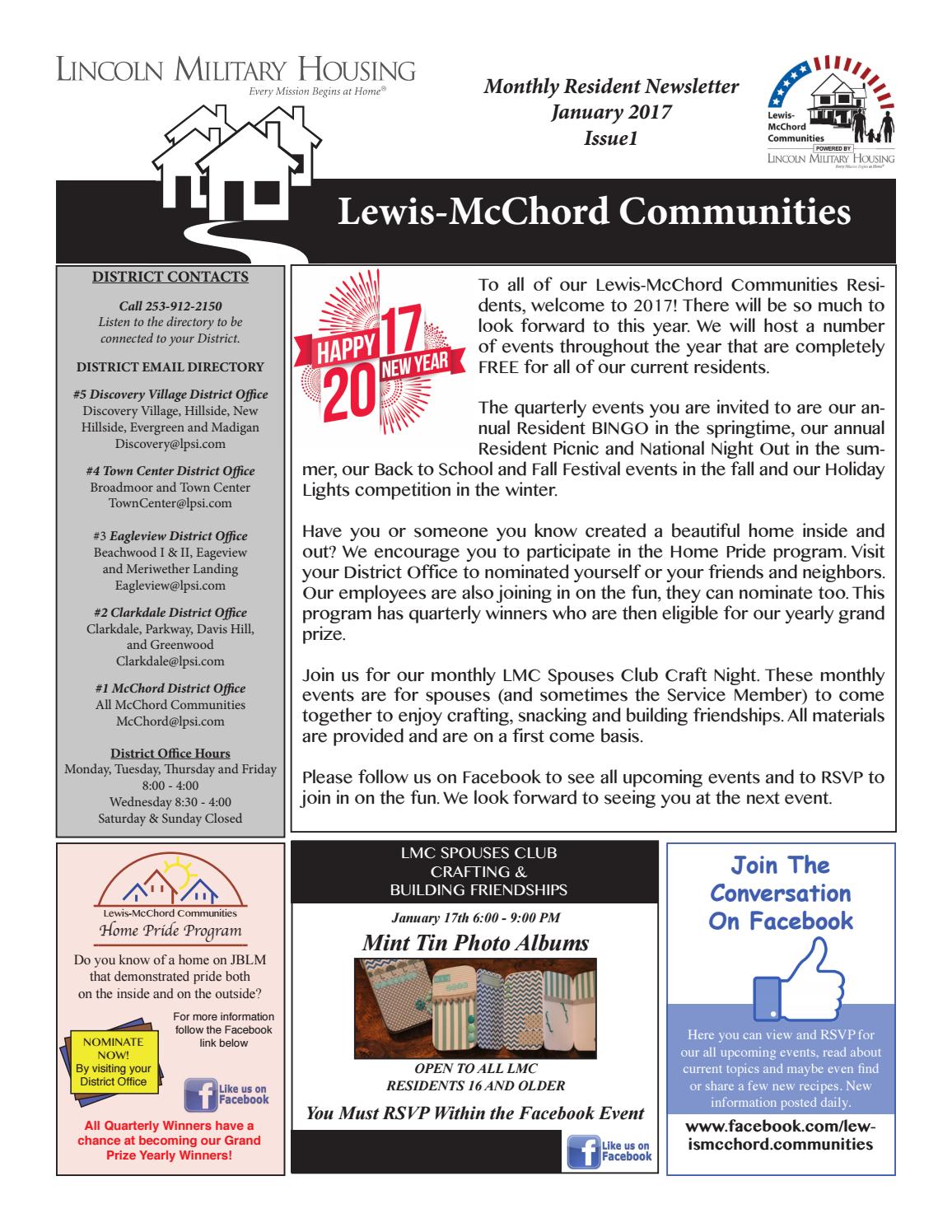 January 2017 resident newsletter by Liberty Military Housing at JBLM