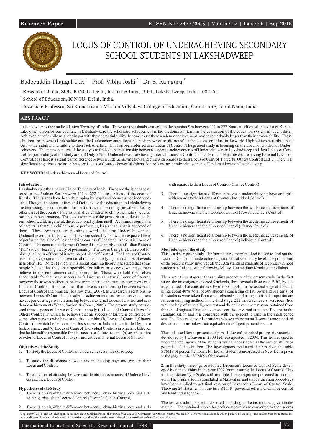 LOCUS OF CONTROL OF UNDERACHIEVING SECONDARY SCHOOL STUDENTS IN