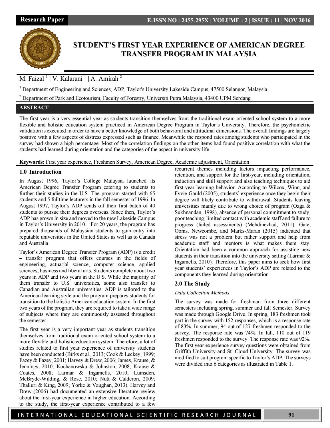 STUDENT’S FIRST YEAR EXPERIENCE OF AMERICAN DEGREE TRANSFER PROGRAM IN