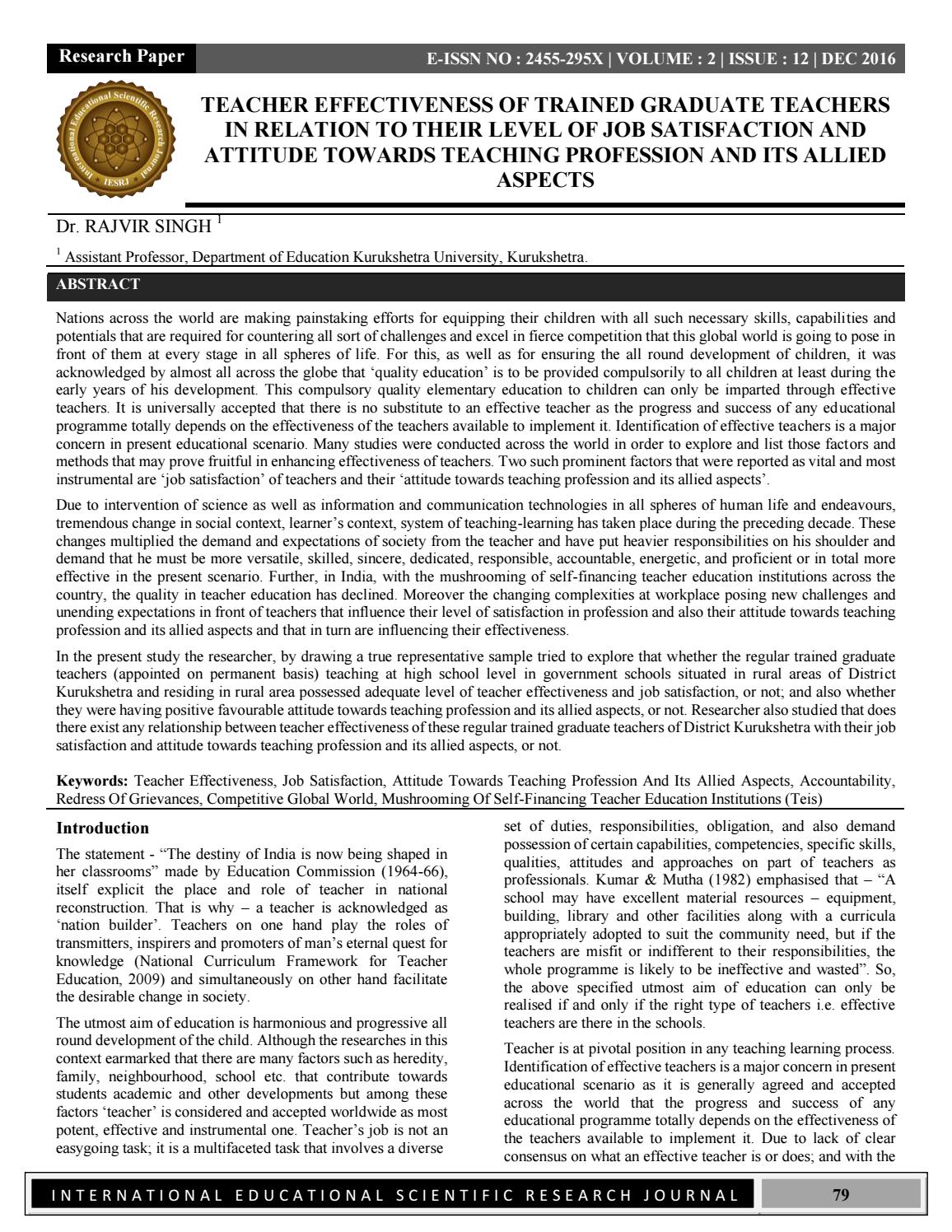 TEACHER EFFECTIVENESS OF TRAINED GRADUATE TEACHERS IN RELATION TO THEIR
