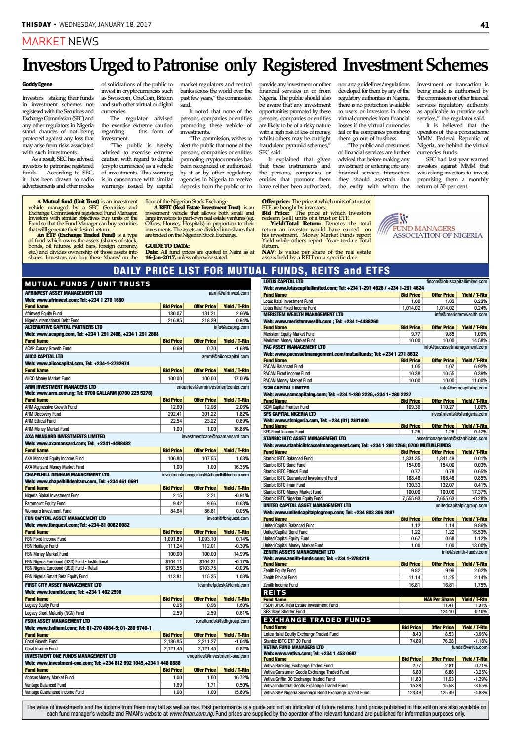 Wednesday 18th January 2017 by THISDAY Newspapers Ltd - Issuu