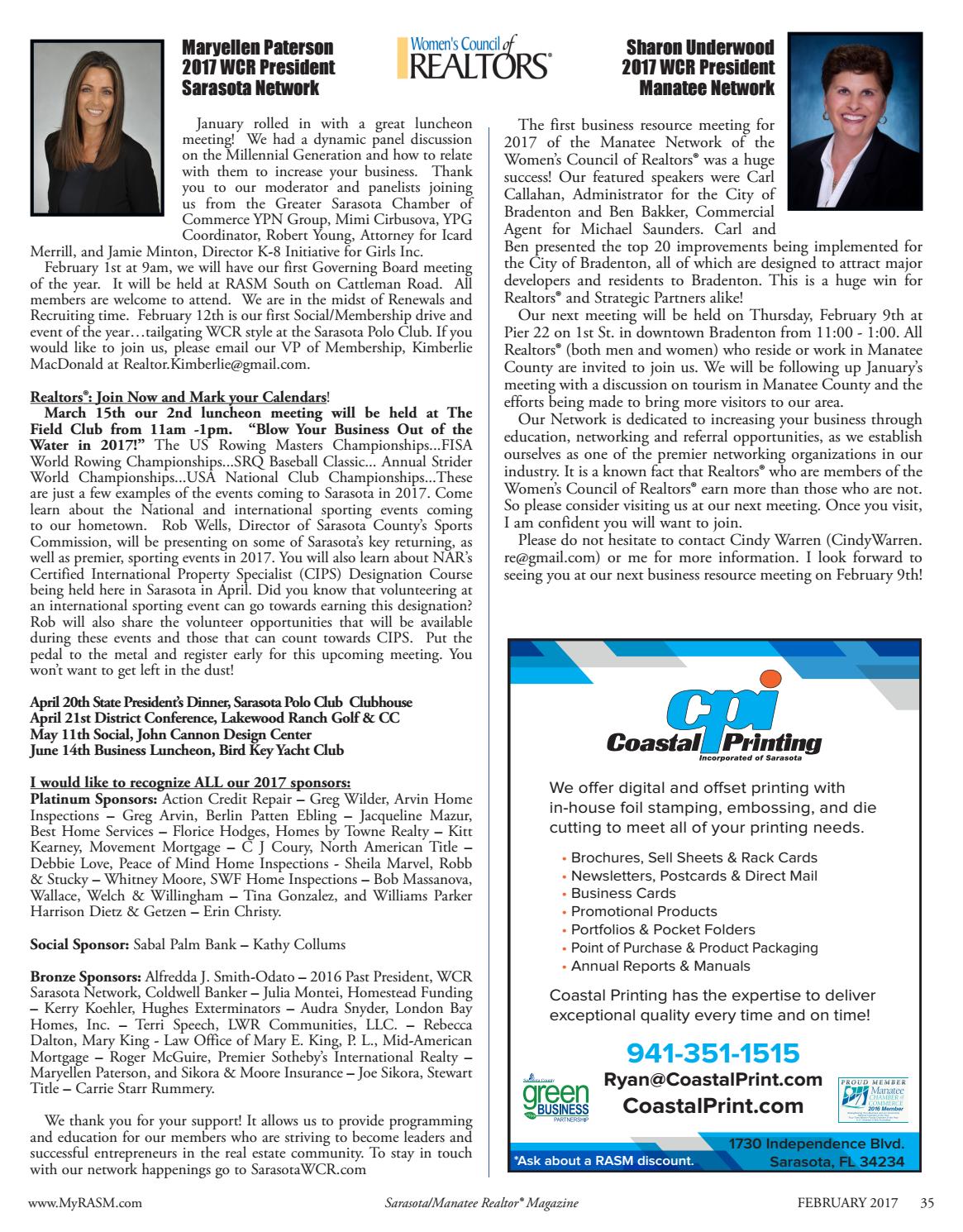 Sarasota / Manatee Realtor Magazine - RASM - February 2017 Issue by
