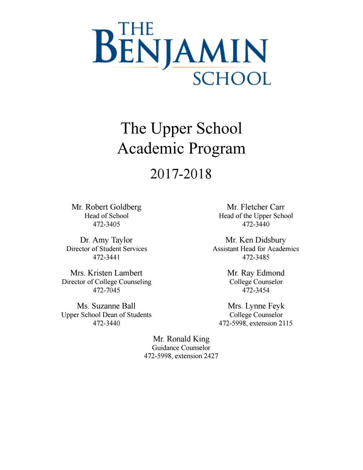 2017-2018 Benjamin Upper School Academic Program by TheBenjaminSchool ...