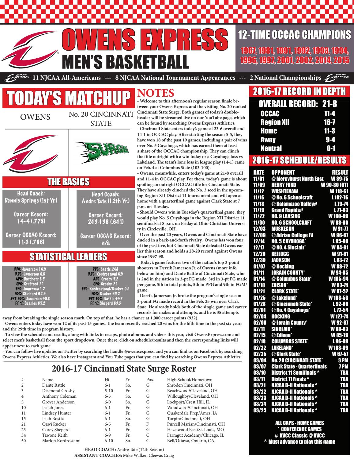 Game Notes Owens vs Cincinnati State, MBB, March 4, 2017 by Owens