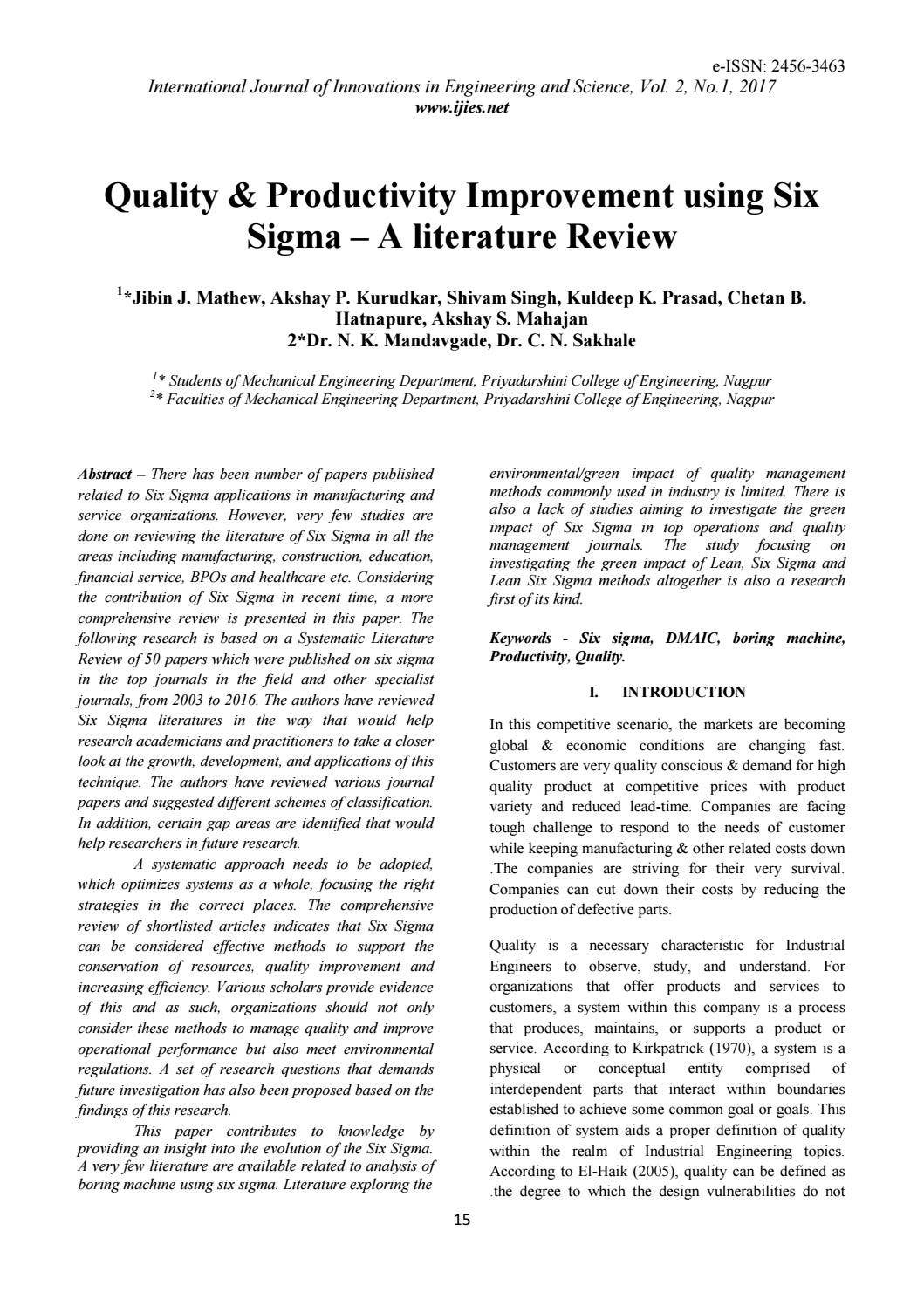Quality & productivity improvement using six sigma – a literature ...