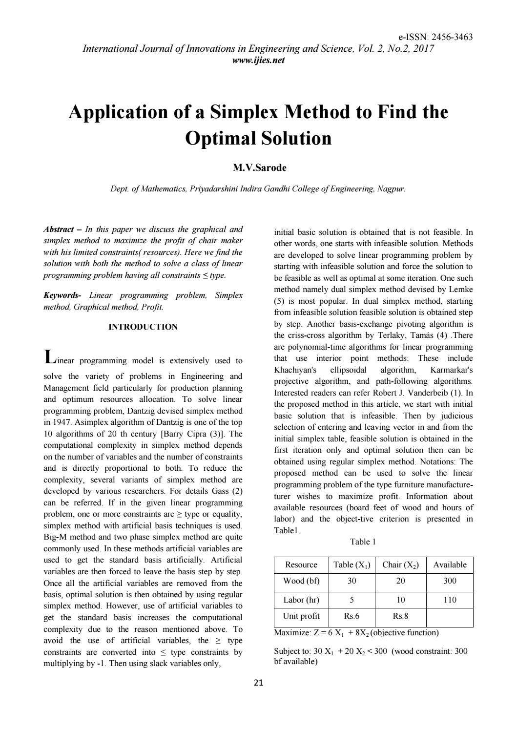 Application of a simplex method to find the optimal solution by  International Journal of Innovations in Engineering and Science - Issuu