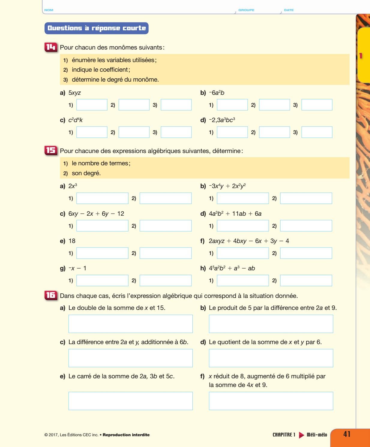 Point De Mire Secondaire 2 Corrigé Chapitre 2